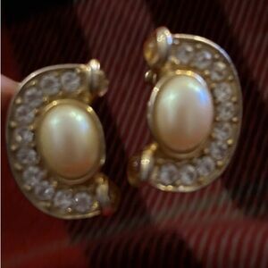 Vintage Faux pearl  Rhinestone and Gold Tone Statement  Studs Earrings